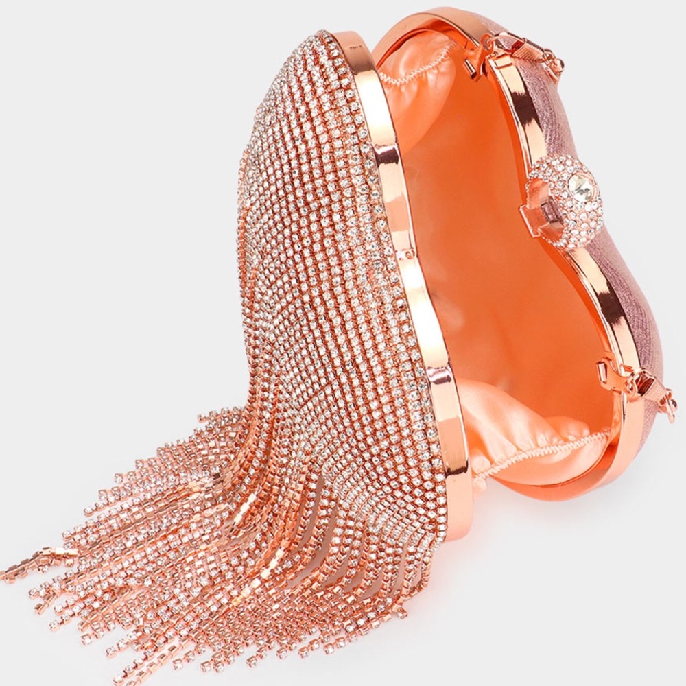 Rose Pink Gold Metallic Fringe Crystal Heart Shape Evening Bag - Picture 3 of 7